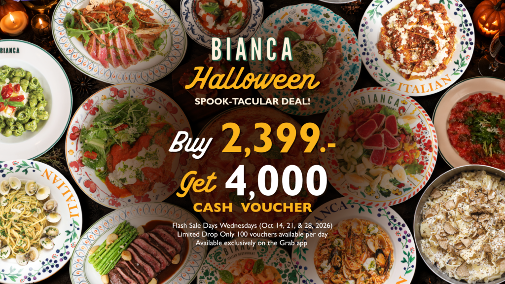 Bianca Halloween Flash Sale 2026: buy 2,399 baht, get a 4,000 baht cash voucher, shown over Italian dishes