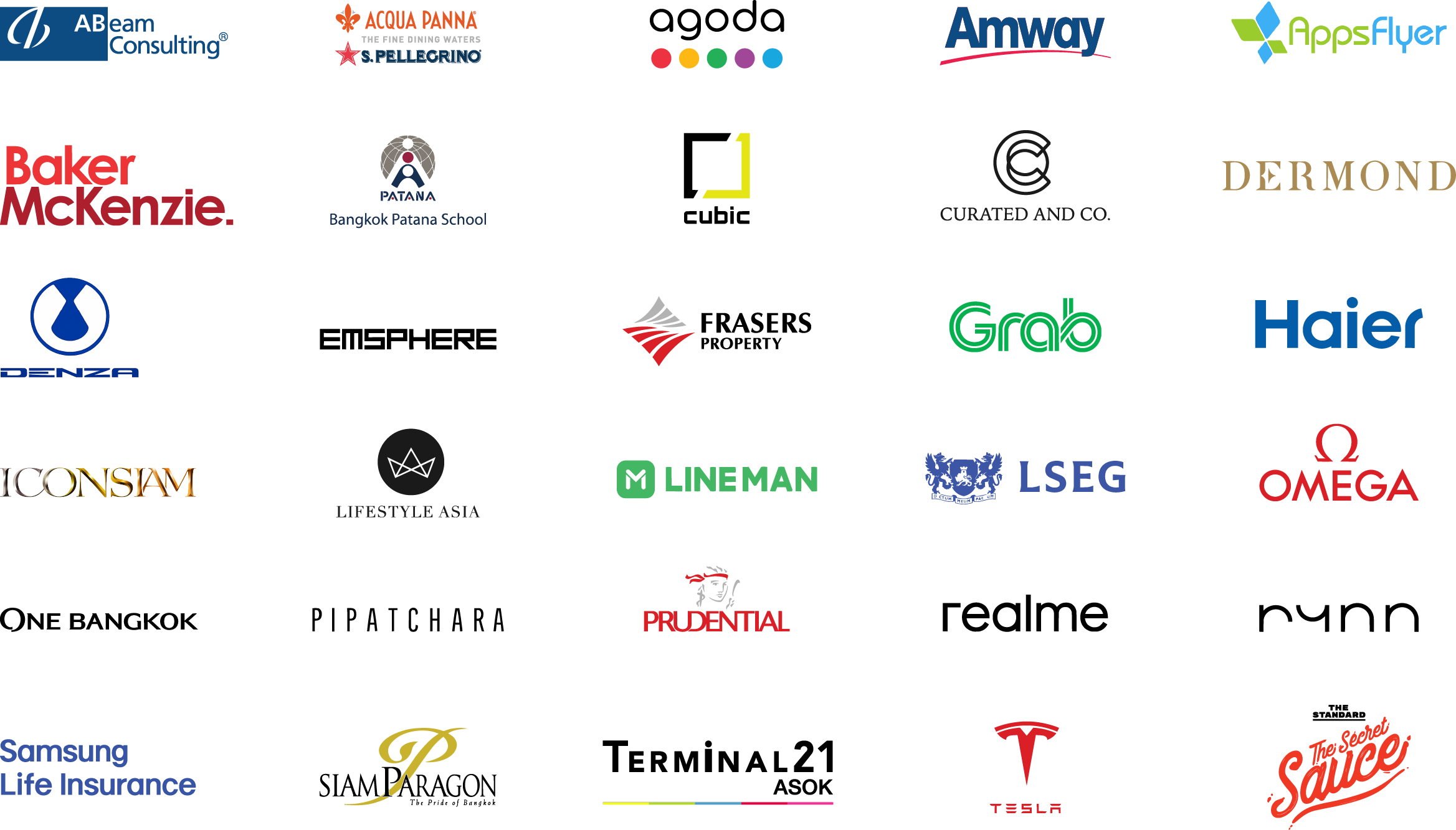 Bianca catering clients' logos, including Agoda, Amway, Baker McKenzie, Grab, Haier, ICONSIAM, Omega and Tesla