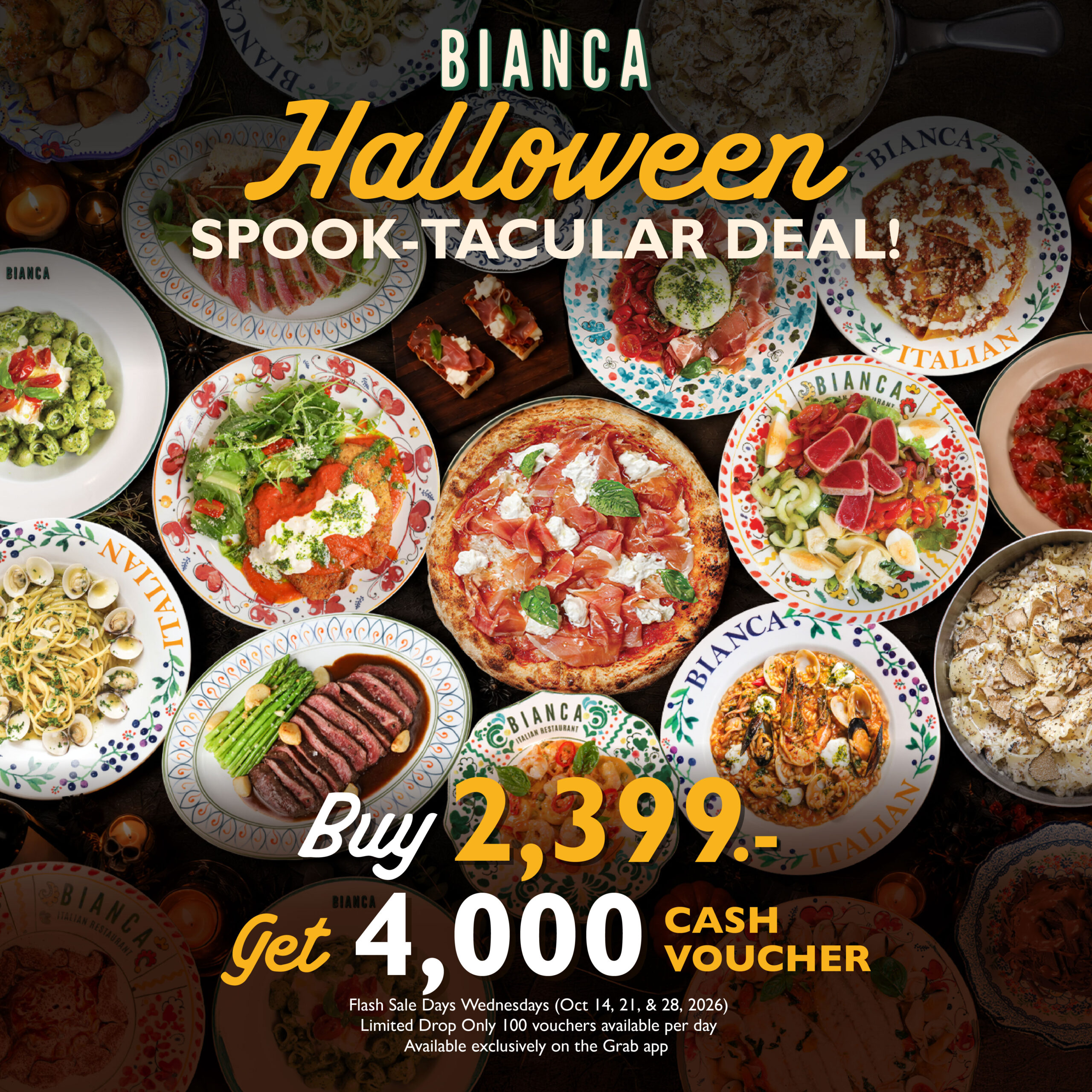 Bianca Halloween Spook-tacular Deal: buy 2,399 baht, get a 4,000 baht cash voucher on the Grab app