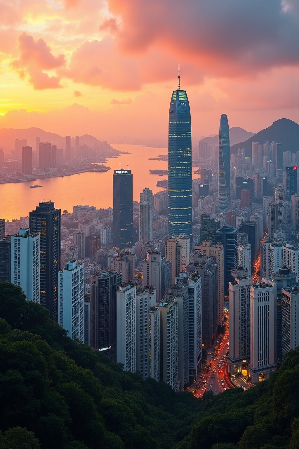 Hong Kong skyline at sunset with Victoria Harbour skyscrapers
